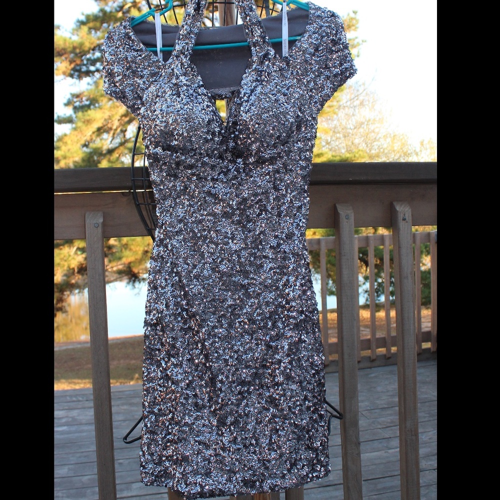Sherri Hill® Silver Shimmering Sequin Dress #1612